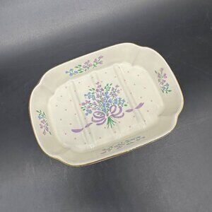 Vintage Floral Soap Dish Cottagecore 1980s Purple Blue Flowers Ceramic Romantic